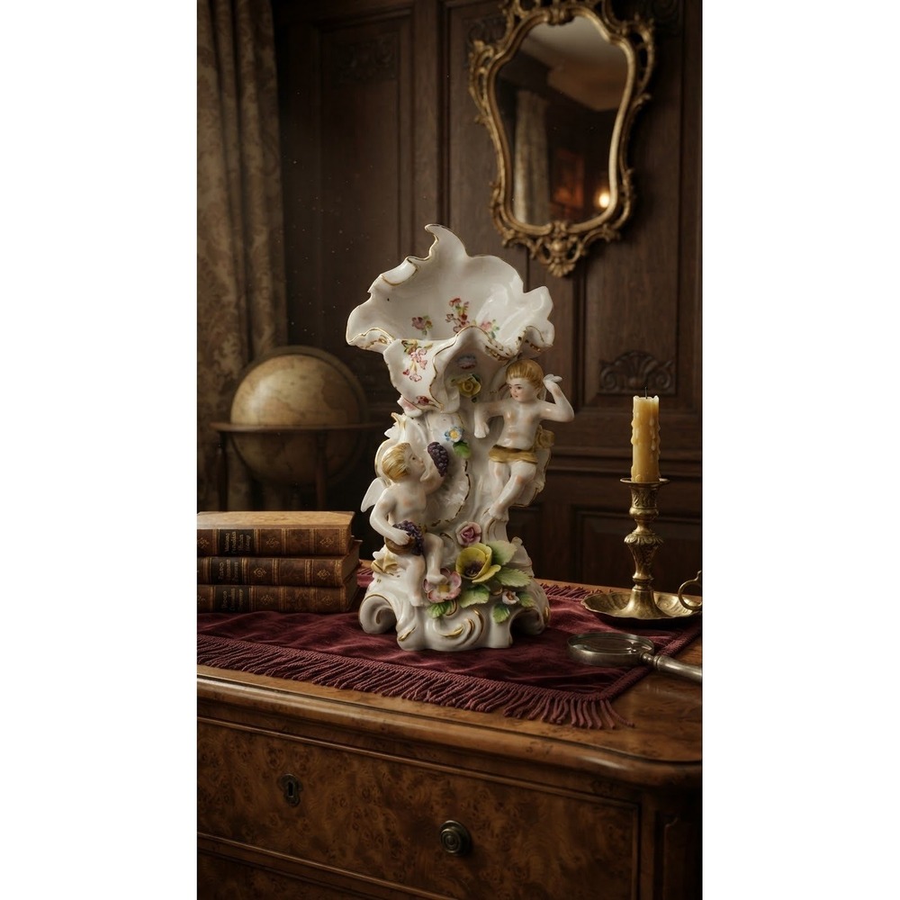 Vintage Porcelain Cherub Cornucopia Vase F-46 Rococo Floral Gold Trim 9in